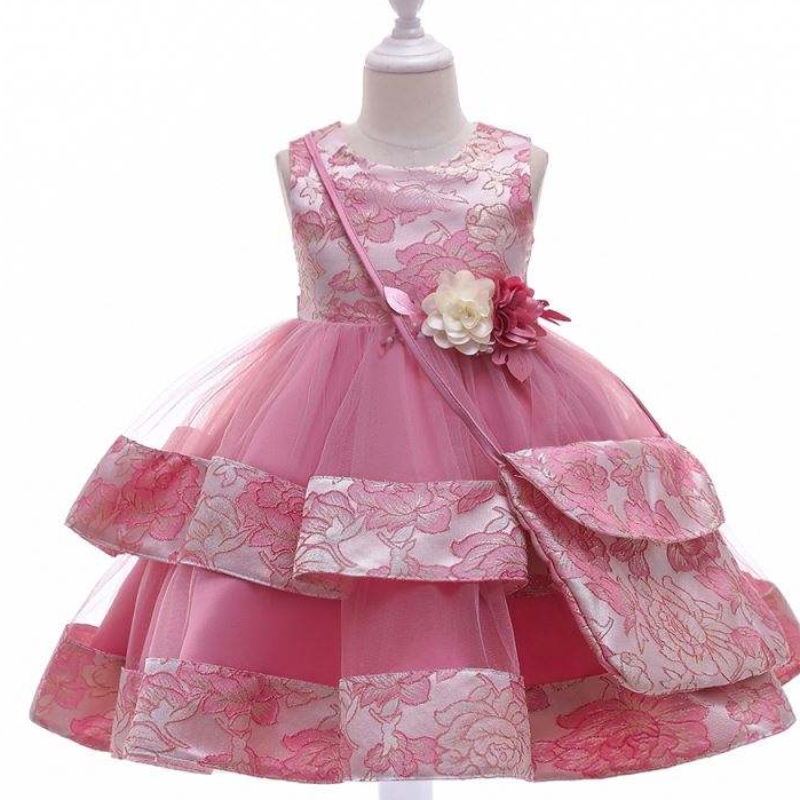 BAIGE Nuovo design Flower Girl Abito da festa con mini borsa Bagna in raso Matrimonio abito da principessa L5216