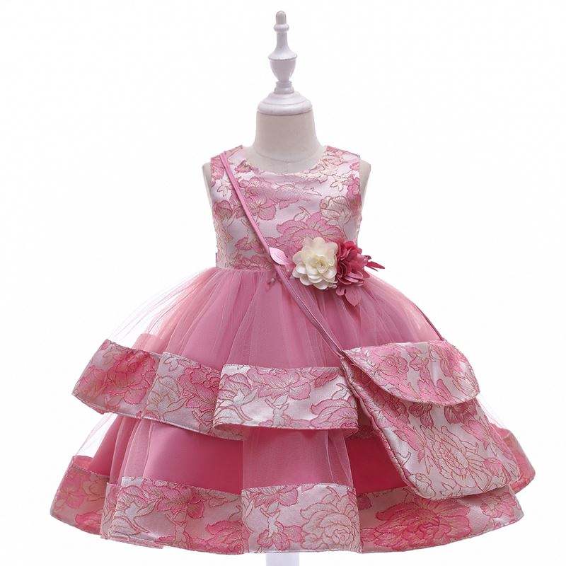 BAIGE Nuovo design Flower Girl Abito da festa con mini borsa Bagna in raso Matrimonio abito da principessa L5216