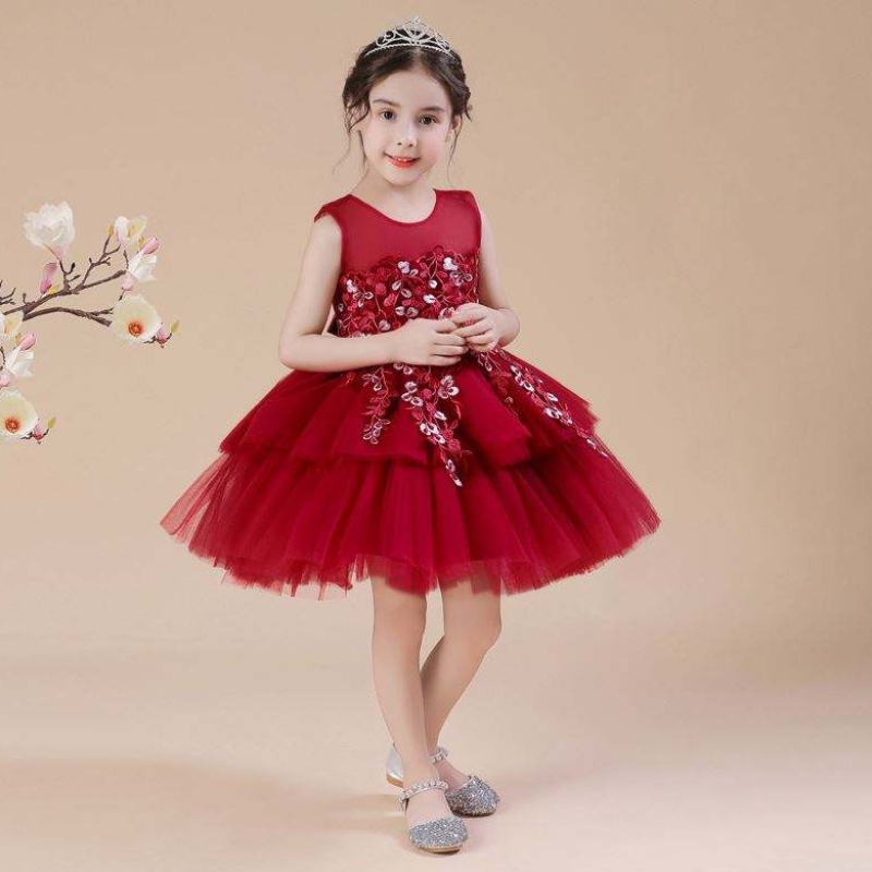 Baige senza maniche Applique Cake Flower Chic Dresses Abiti per bambini Abbigliamento per bambini