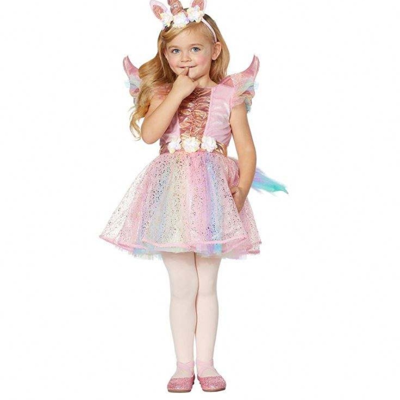 Gonna in tulle con paillettes lucenti a manica corta baige con fascia libera e ala bambina costume di Halloween abito unicorno