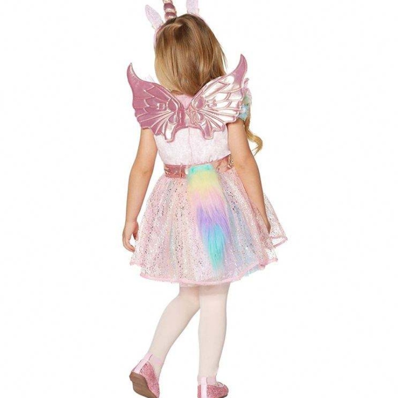 Gonna in tulle con paillettes lucenti a manica corta baige con fascia libera e ala bambina costume di Halloween abito unicorno