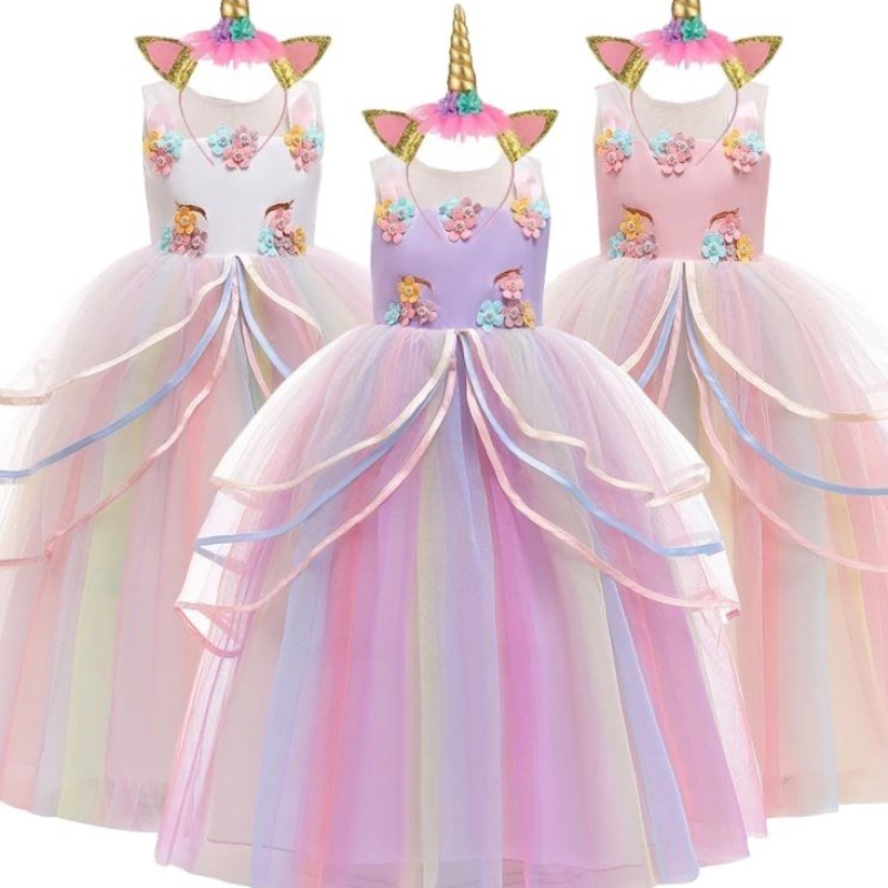Baige Vendita calda Rainbow Unicorn Party Dresses Children Flower Girl Dress con fascia per la testa