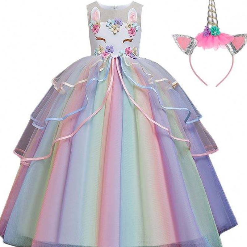 Baige Vendita calda Rainbow Unicorn Party Dresses Children Flower Girl Dress con fascia per la testa