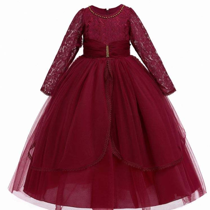 Baige Long Maniche Principessa strati Maroon Tulle Flower Girls Birthday Party Dress Flower Girl Dress