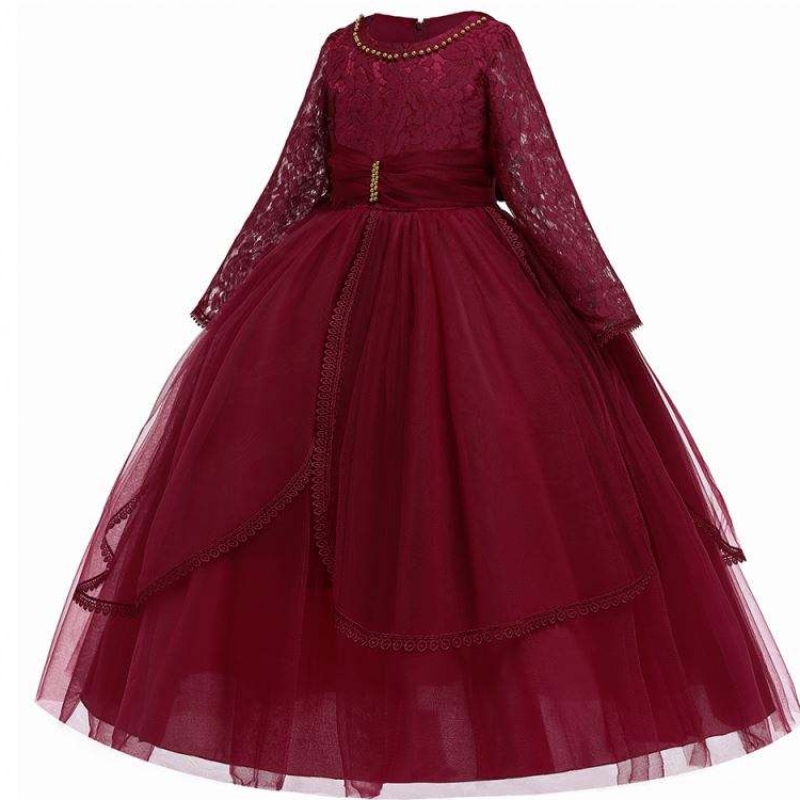 Baige Long Maniche Principessa strati Maroon Tulle Flower Girls Birthday Party Dress Flower Girl Dress