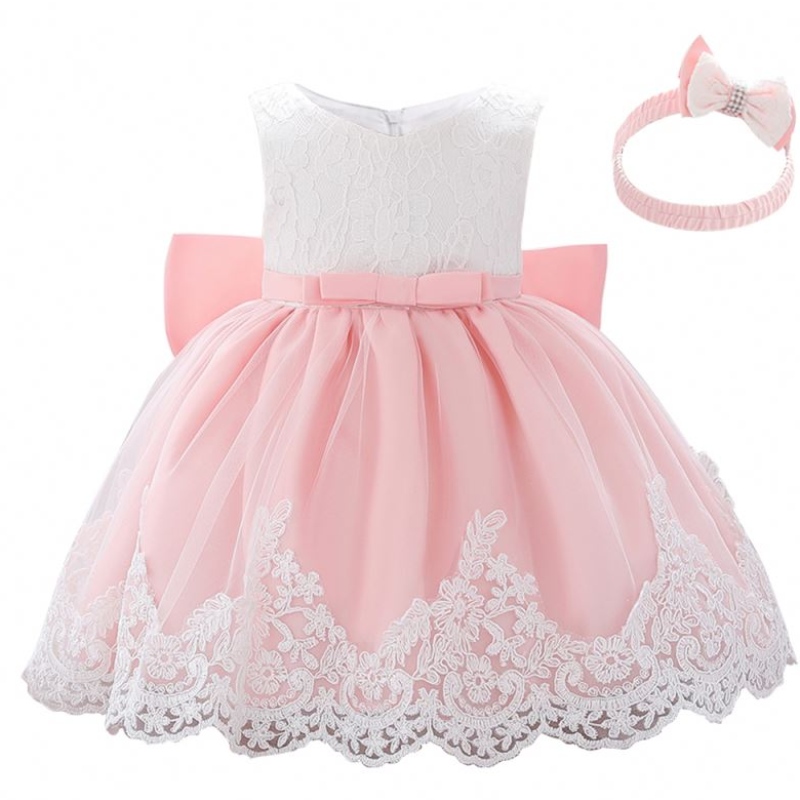 Baige 2021 Summer Rosa Rosa senza maniche per bambini abiti in pizzo Princess Big Bow Dress