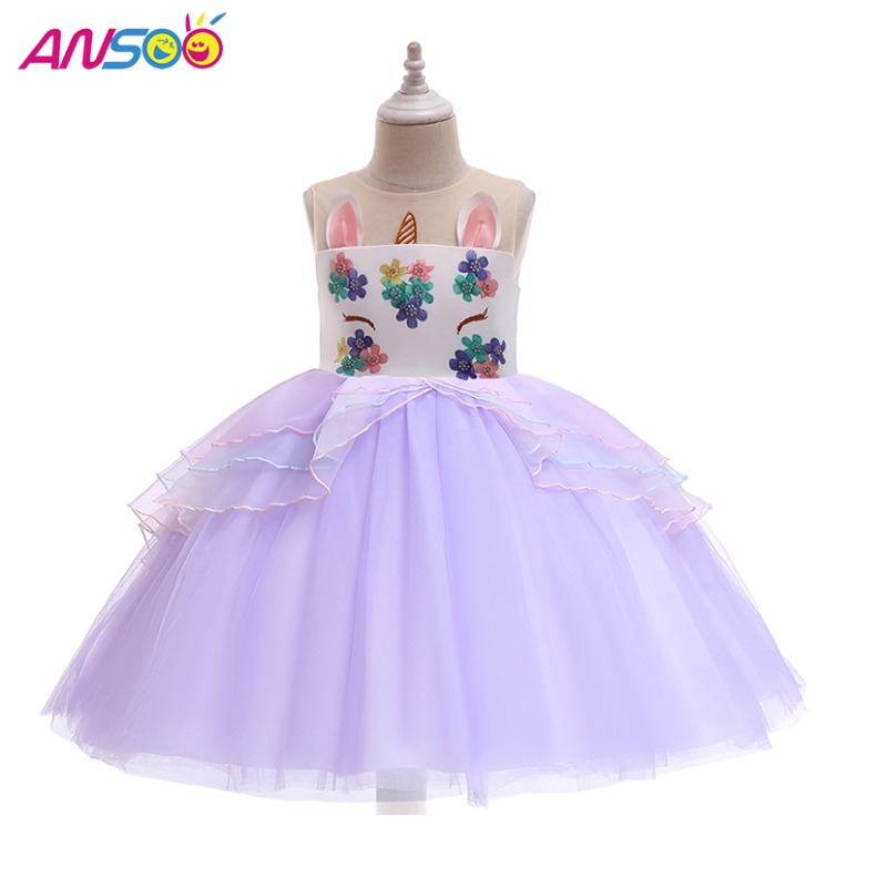 Ansoo unicorno principessa fiore ragazza vestito all'ingrosso abito da sposa abito da sposa ginocchio abiti da festa