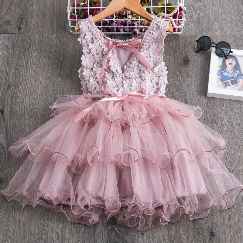 3-8 anni abito estivo in pizzo per ragazze fiore elegante festa dinozze per principessa abiti tutu senza maniche