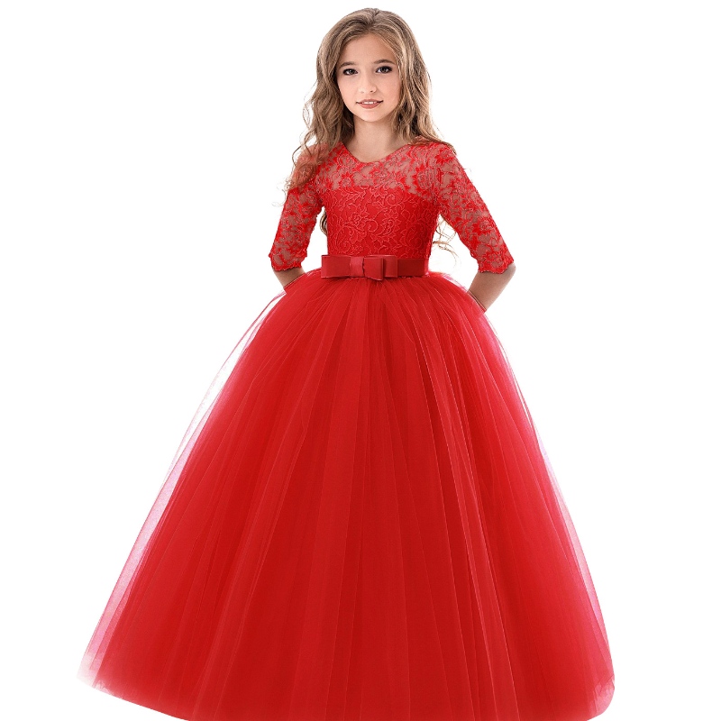 Girls Flower Vintage Floral Lace Lunghezza Abito da matrimonio Abito da sera Abito da sera