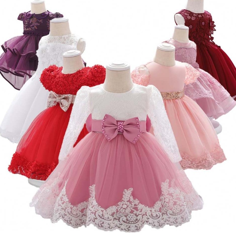 3-24 milioni di vestiti per bambini a maniche lunghe in pizzo Primo compleanno Cute Flower Party Dress L1940XZ