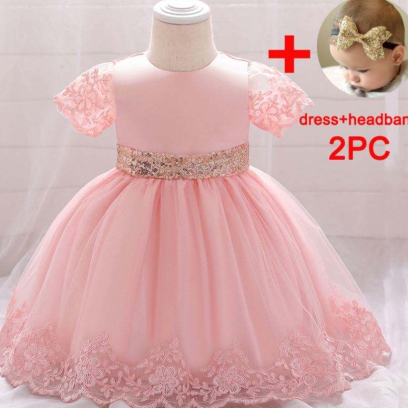 BAIGE Nuovo Battesimo Abito da festa di compleanno per bambini Abito estivo con fiocco con paillettes dorate