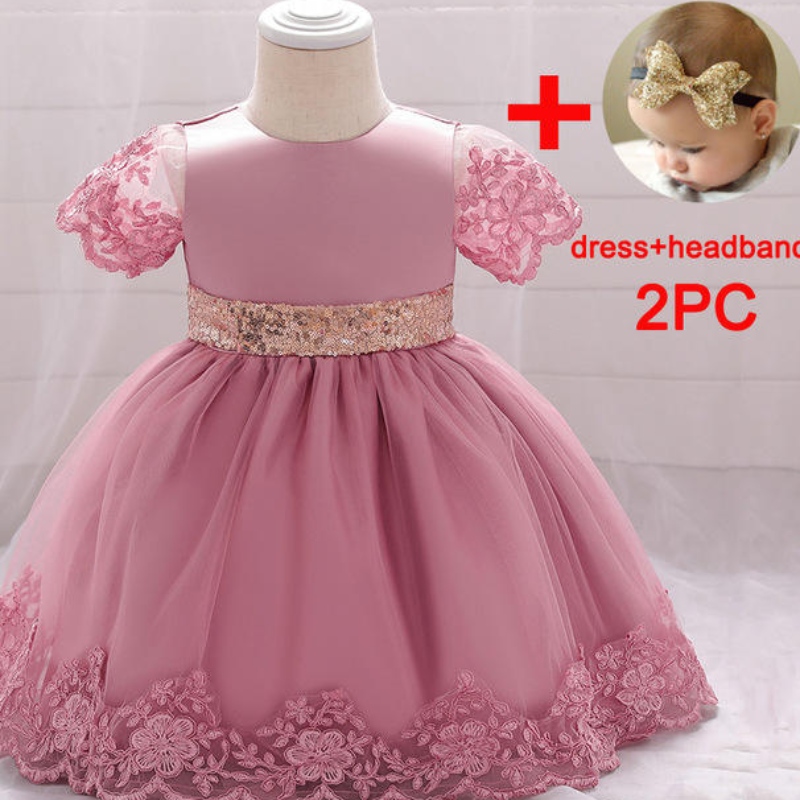 BAIGE Nuovo Battesimo Abito da festa di compleanno per bambini Abito estivo con fiocco con paillettes dorate