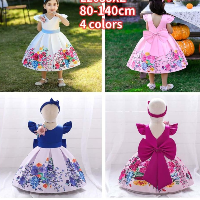 Baige Big Bow Christmas Flower Girl Party Princess Dress BAIGE Stampato Abito da ballo di compleanno a v-back L2033XZ