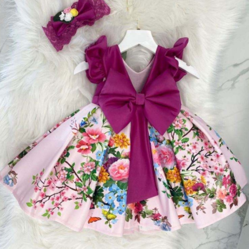 Baige Big Bow Christmas Flower Girl Party Princess Dress BAIGE Stampato Abito da ballo di compleanno a v-back L2033XZ