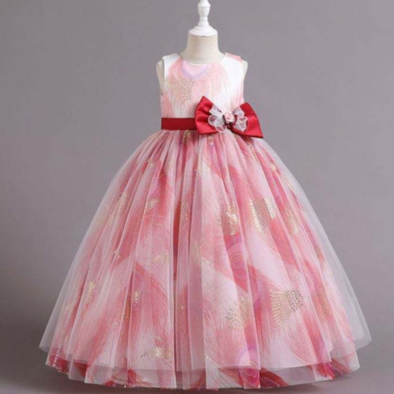 Baige Hot Style 4-14 anni Sleeveless Rosa Design personalizzato Design Natura da matrimonio Abito da festa per bambini