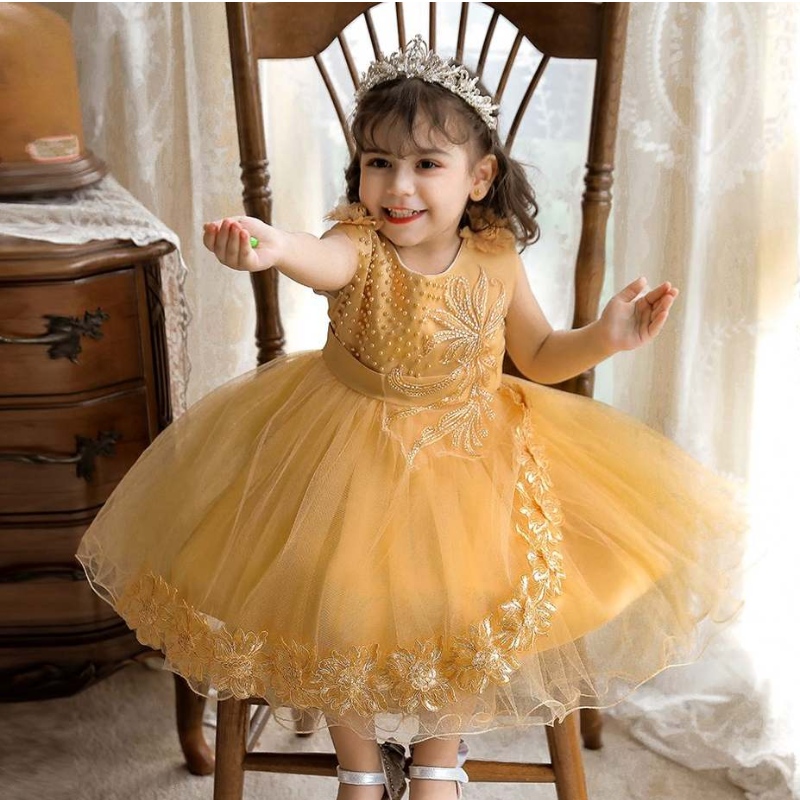 Baige White Toddler Girls Girls Flower Flower Bilded Bilded Kids Wedding Party Dress N2111