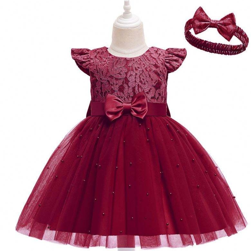 Baige Hot Sale Red Kids Clothes Girls Dresses Party Birthday Party Abito con fascia D0761