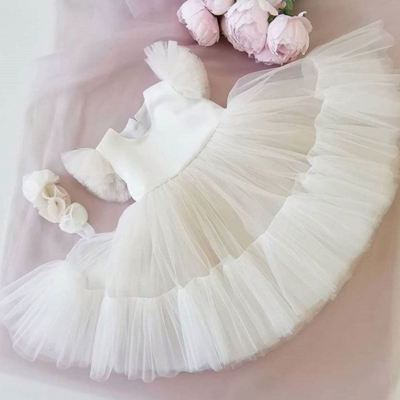 Baige Hot Sale White Flower Girl Abito da festa Tutu Abito da ballo a strati di compleanno a strati