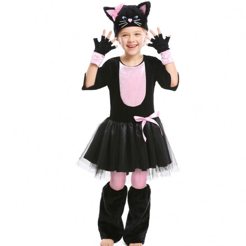 Girls Kitty Costume Halloween Dress Up Black Cat Costume for Kids 4-12Y DGHC-069