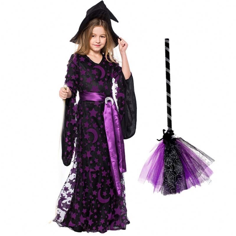 Girls Halloween Dress Up Viola Wicked Witch Fancy Abito con cappello Broom HCVM-017