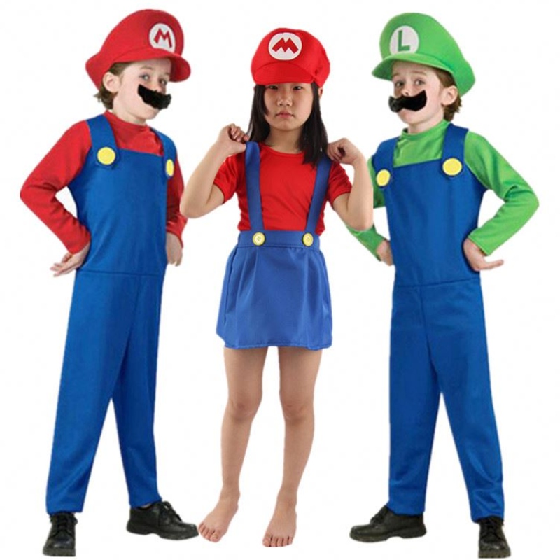 4-12 anni bambino Super Mari Bros Cosplay Sumpuit Girl Girl Girl Halloween Anime Fantasy Fancer Luigi Brothers Cappello Dress Bastello in costume