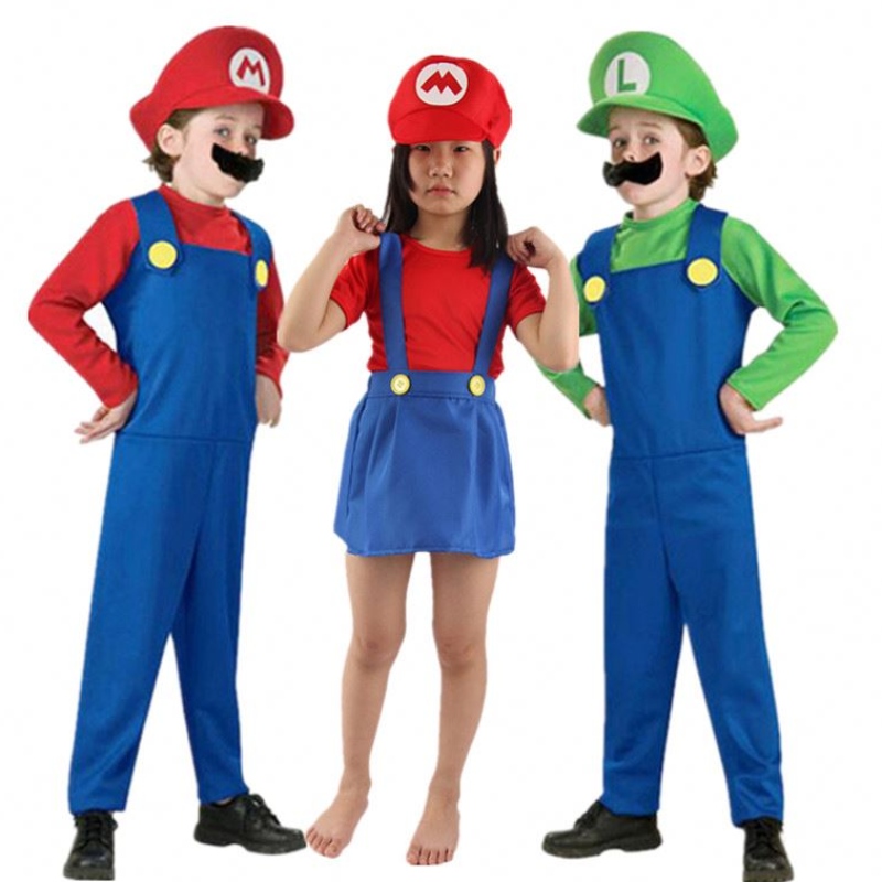 Bambino Super Mari Bros Cosplay Sumpuit Suit Girl Girl Halloween Anime Fantasy Fancone Luigi Brothers Dress Hat Cappello Costume