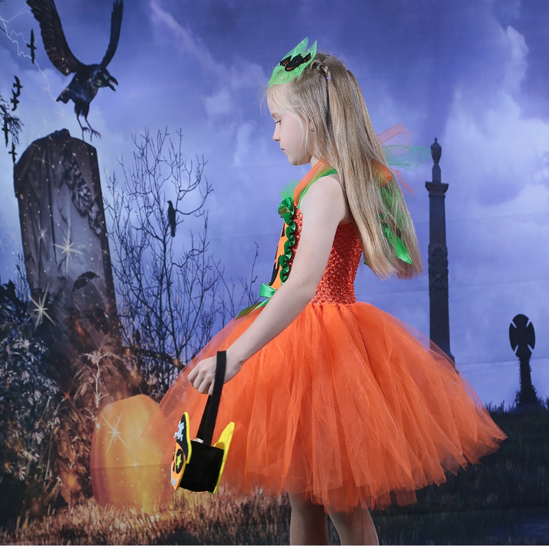 Amazon Hot Selling Kids Girl Abito Halloween Abito tutule a maglie di zucca tutu