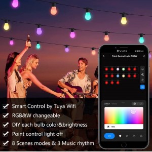 Luci di corda a colori intelligenti, luci patio intelligenti da 48 piedi RGBW Luci a stringa a LED, APP&Controllo WiFi, funziona con Alexa, Modifica delle luci della stringa con le lampadine a LED dimmebili, IP65 impermeabile