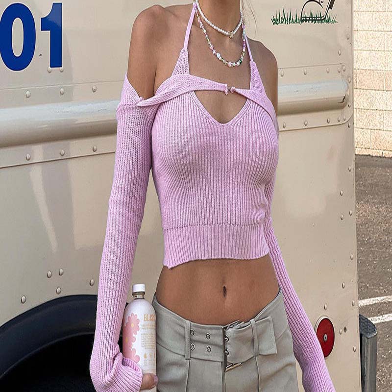 Factory Custom 2023 Summer Pink V Neck Arregolare Calco irregolare maniche lunghe sexy Short Short Knitt Women \\ 's Swater