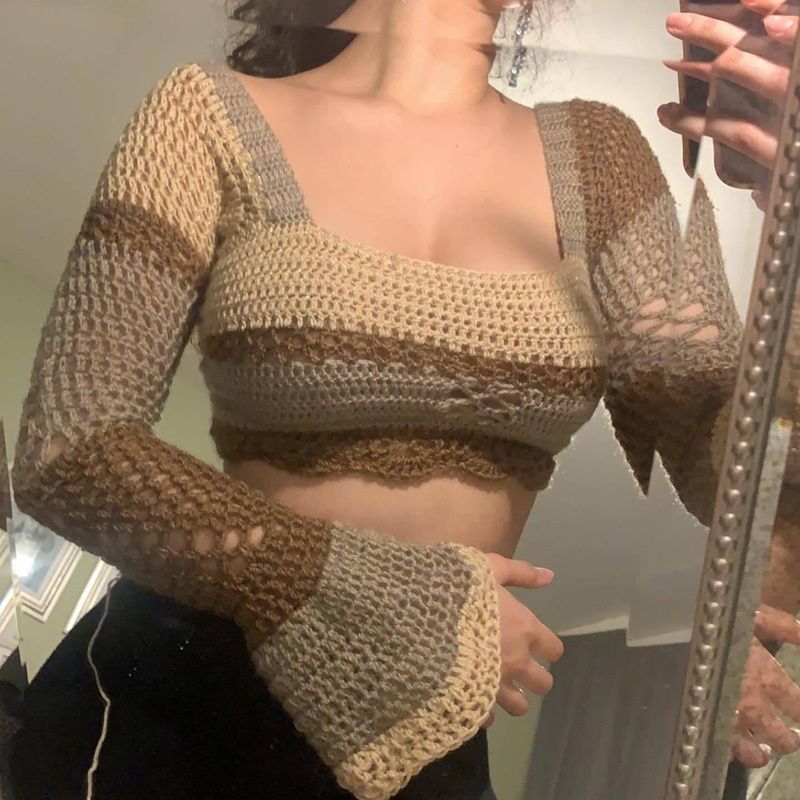 Women Wee Crochet maglione in maglia in maglia a maglia quadrata a manicotto lungo a blocco a blocchi a blocchi a blocchi top per camicetta