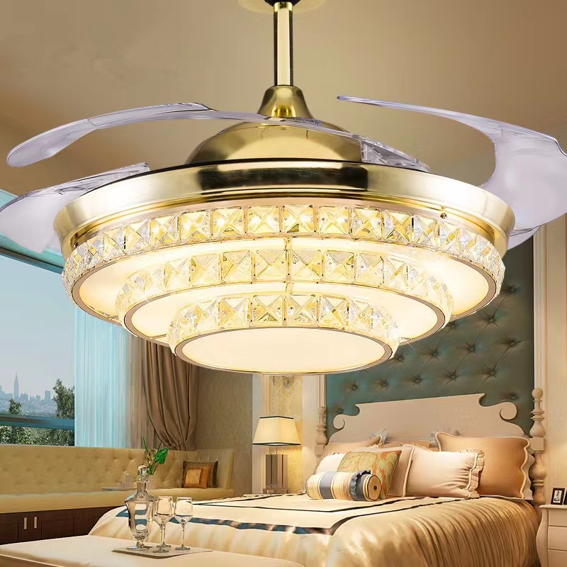 K004 Ventile del soffitto del lampadario con luce con lampadario a ventole di cristallo da 42 pollici remoto con lampadario a ventola di cristallo