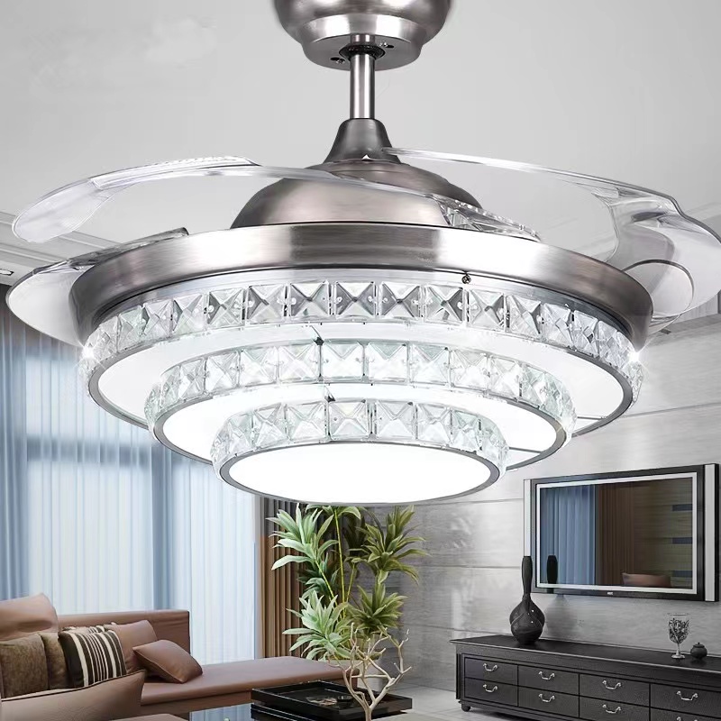 K004 Ventile del soffitto del lampadario con luce con lampadario a ventole di cristallo da 42 pollici remoto con lampadario a ventola di cristallo
