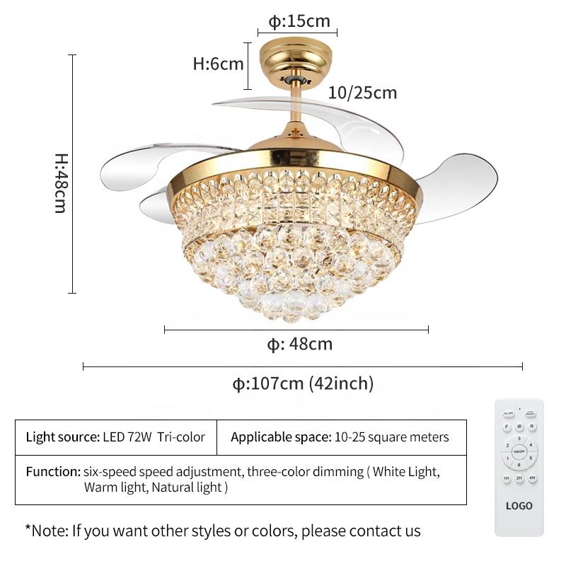 Ventilato a soffitto del lampadario K006 con luce con lampadario a ventole di cristallo da 42 pollici remoto con lampadario