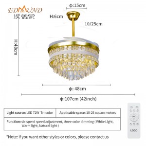 K010 lampadario ventilatore a soffitto con luce con lampadario a ventole di cristallo da 42 pollici remoto con lampadario