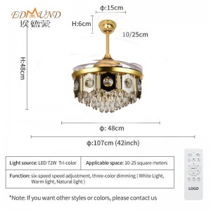 K013 lampadario ventilatore a soffitto con luce con lampadario a ventole di cristallo da 42 pollici remoto con lampadario