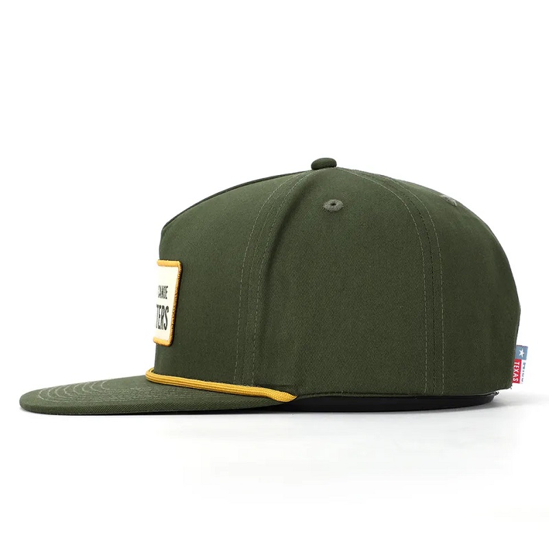 OEM personalizzato Classico di alta qualità Classico 5 pannelli Armati Green Green Cotone Remoding Woven Logo Rope Cap Hat Snapback Cap Hat