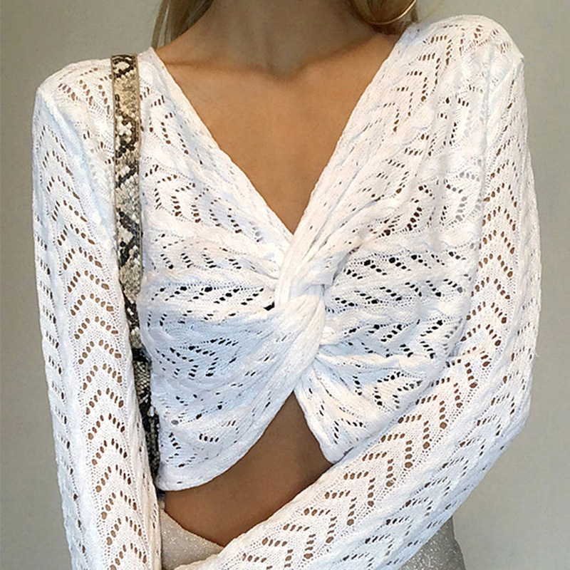 Pullover a V White Verve a maniche lunghe sfilata sottile maglione a maglia sexy