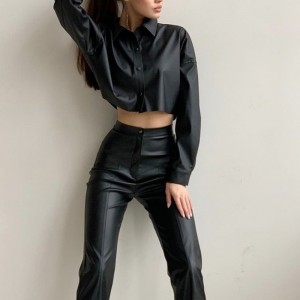 Moto autunnale e inverno sexy opaco in pelle micro-elastica camicia corta a maniche lunghe