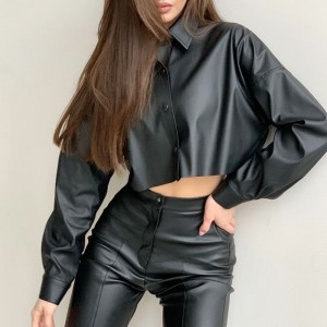 Moto autunnale e inverno sexy opaco in pelle micro-elastica camicia corta a maniche lunghe