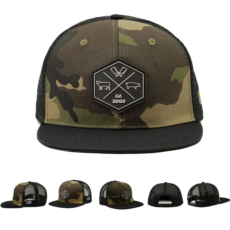 Logo di patch ricamato a mesh ricamato hip hop personalizzato all'ingrosso con cappello da 6 pannelli a 6 pannelli con cappello da camioncink piatto e cappello