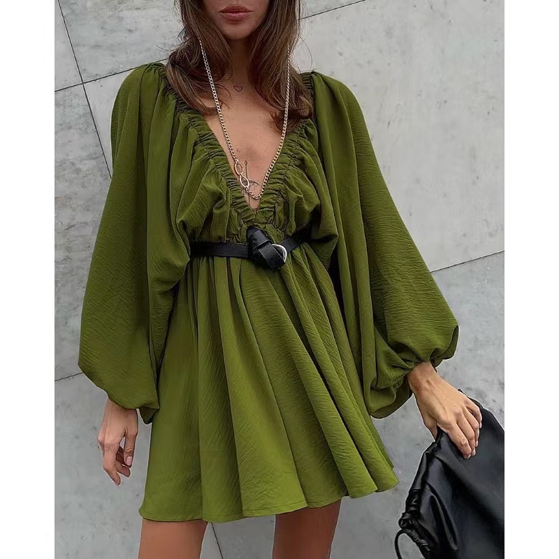 Design retrò vento a V-scollo a V Socnte a colori solidi autunnonuovo manicotto lanterna ad alta vita Abito femmina