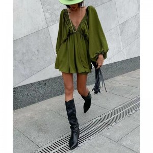 Design retrò vento a V-scollo a V Socnte a colori solidi autunnonuovo manicotto lanterna ad alta vita Abito femmina