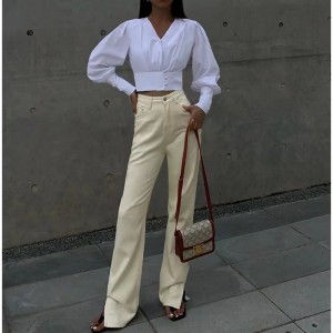 Camicia a maniche lunghe con scollo a V bianco Sense Design Nicchia Nuova Top Sleeve Lanterna