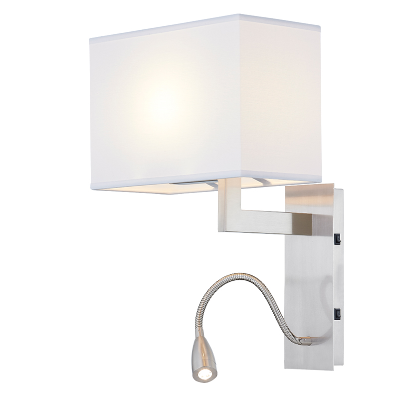 Hospitality Hotel Hand Wall Lamp con finituranichel spazzolata e tonalità in tessuto rettangolare in camera tipica dell\'hotel