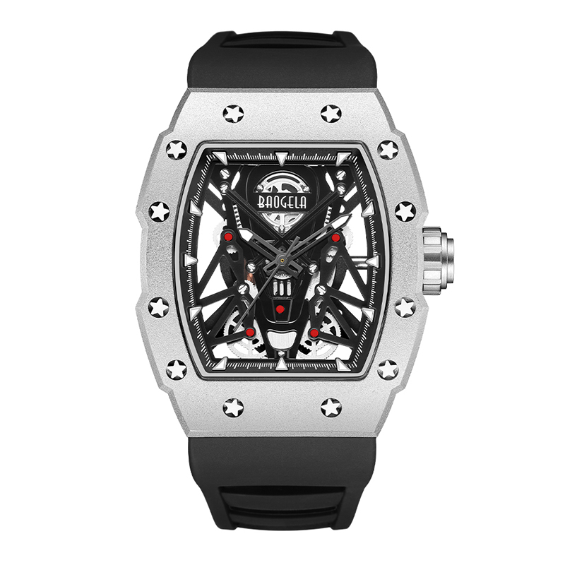 Baogela Silver Black Sport Quartz Watch for Men Tonneau Dialtura analogica Acquaretto impermeabile con cinturino in silicone Mani luminose 4145