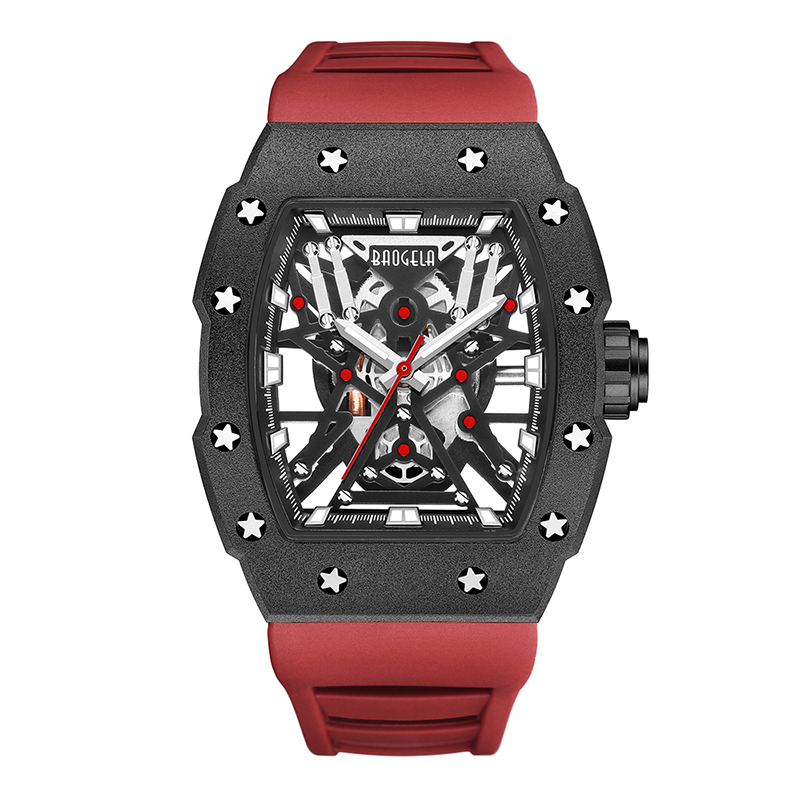 BAOGELA Top Brand Top Dominant Tonneau Meccanico Scheletro Scheletro Orologi sportivi impermeabili luminosi orologi in acciaio in acciaio 4147