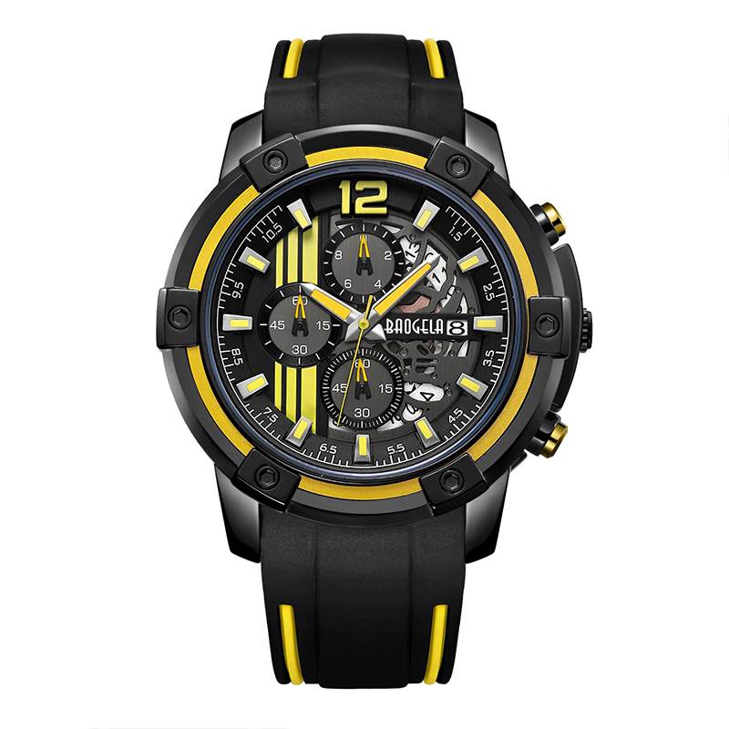 Baogel Men \\ 'S Black Silicone Cint Quart Watchs Chronograph Sports Owatch per Man 3atm Waterproof Luminose Hands Yellow 23701