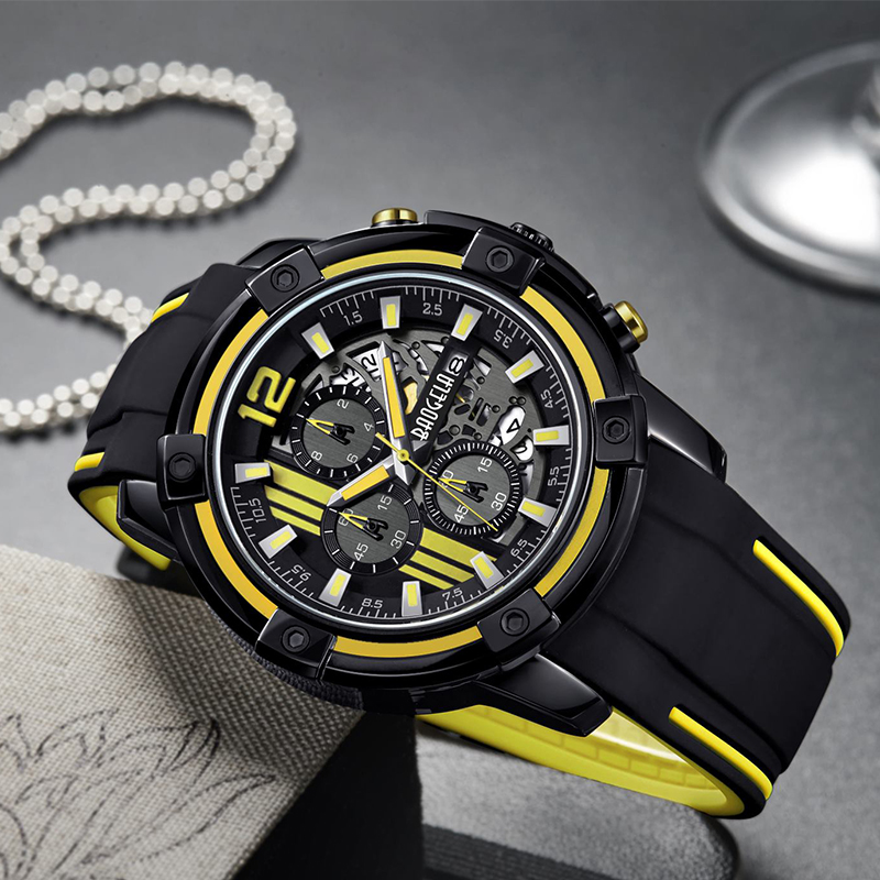 Baogel Men \\ 'S Black Silicone Cint Quart Watchs Chronograph Sports Owatch per Man 3atm Waterproof Luminose Hands Yellow 23701