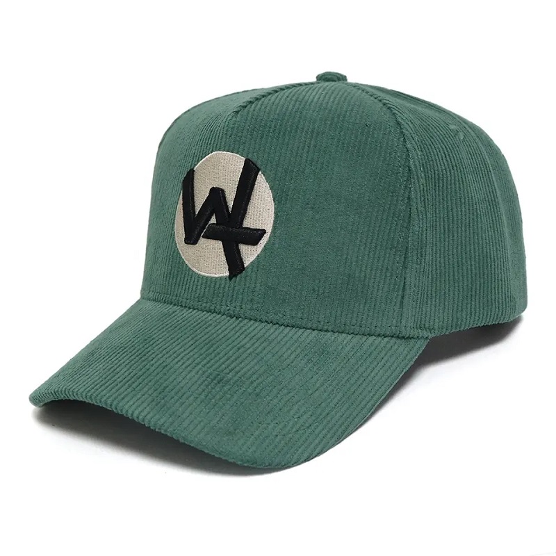 Cappello da baseball a 5 pannelli diretto su misura con cappello velluroy verde con ricamo 3d logo cotone a banda invernale cotone a banda invernale