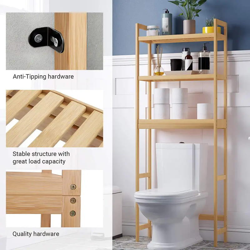 Organizzatore di armadietti da bagno in bambù a 3 livelli personalizzabile sullo scaffale di portapacchi per la toilette